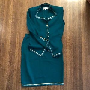 St. John Emerald Green Gold Jacket and Skirt Set